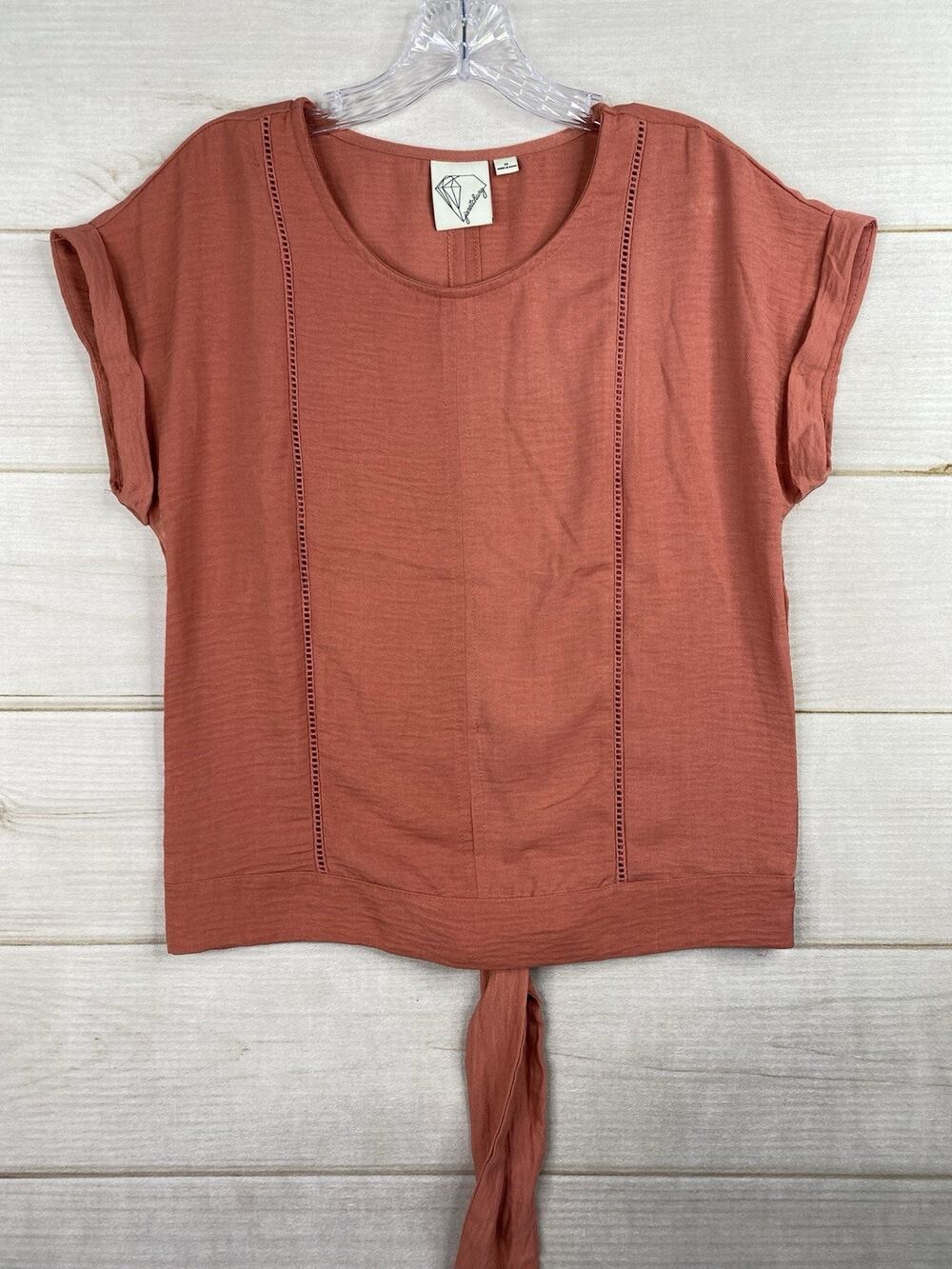 Janet Chung Top Womans M Coral Tie Back Cuffed Short Sleeve Lightweight Flowy